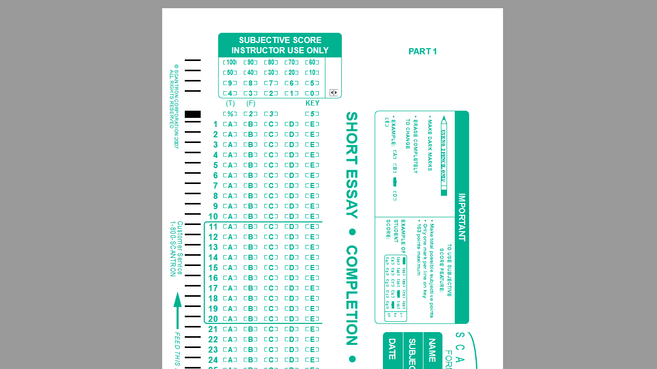 Scantron Assignment SCANTRON ANSWER SHEET