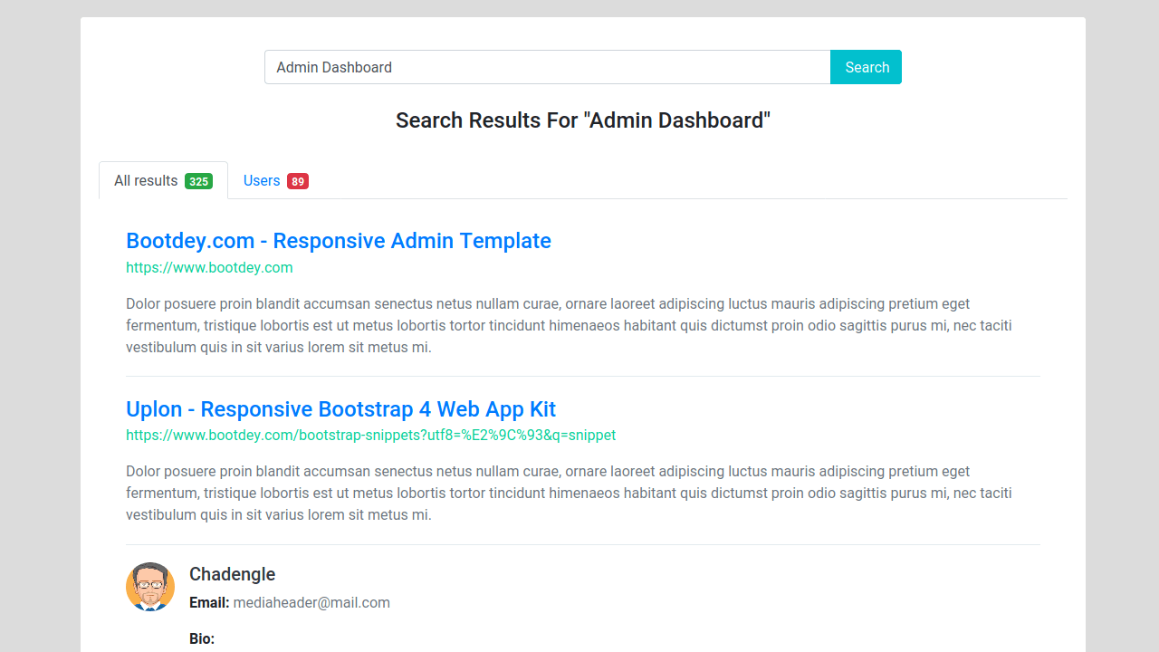 BOOTSTRAP 4 SEARCH RESULTS WITH USERS